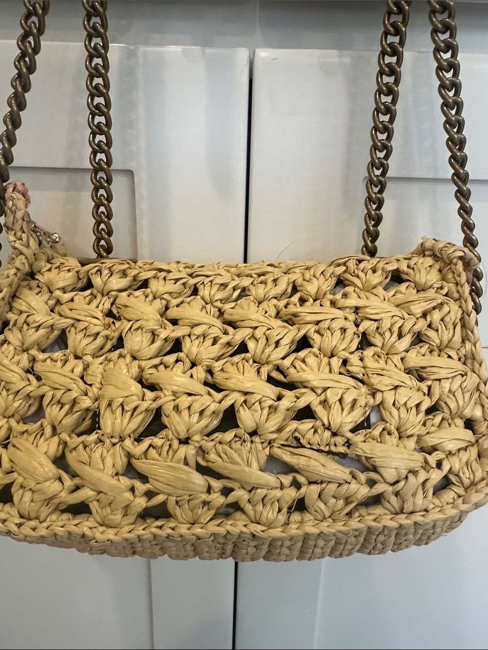 Kurt Geiger Straw Shoulder Bag with Pink Trim and Crystal Details - Picture 5 of 5